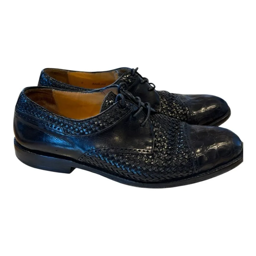Mezlan Salinas Black Woven Leather Genuine Crocodile Cap Toe Derby Shoes Sz 9